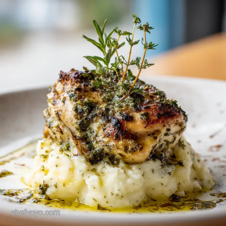 Creamy, pale chicken breast atop whipped, glossy mashed potatoes, drizzled with rich sauce and sprinkled with vibrant gree...