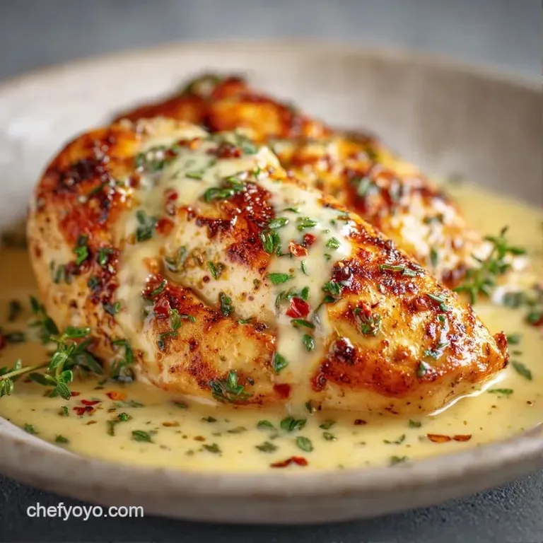 Sliced tender chicken breast over a swirl of cream sauce, garnished with fresh parsley on a white ceramic plate.