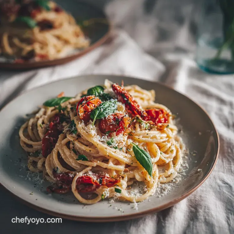 Spicy jerk chicken and rainbow peppers elegantly plated with pasta, garnished with fresh green herbs.