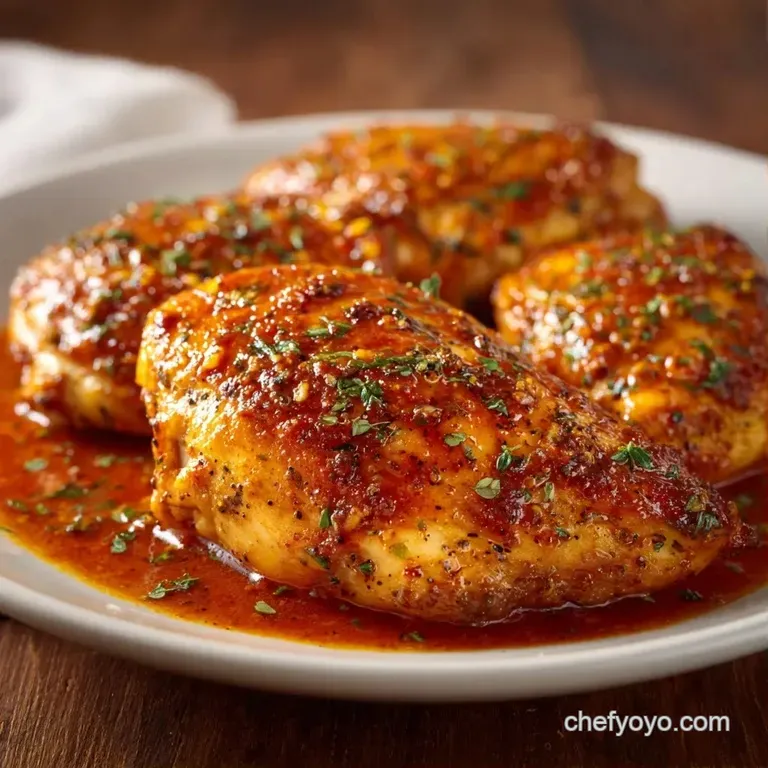 Slices of tender chicken breast in a vibrant orange sauce, plated on white porcelain with a sprig of fresh parsley.