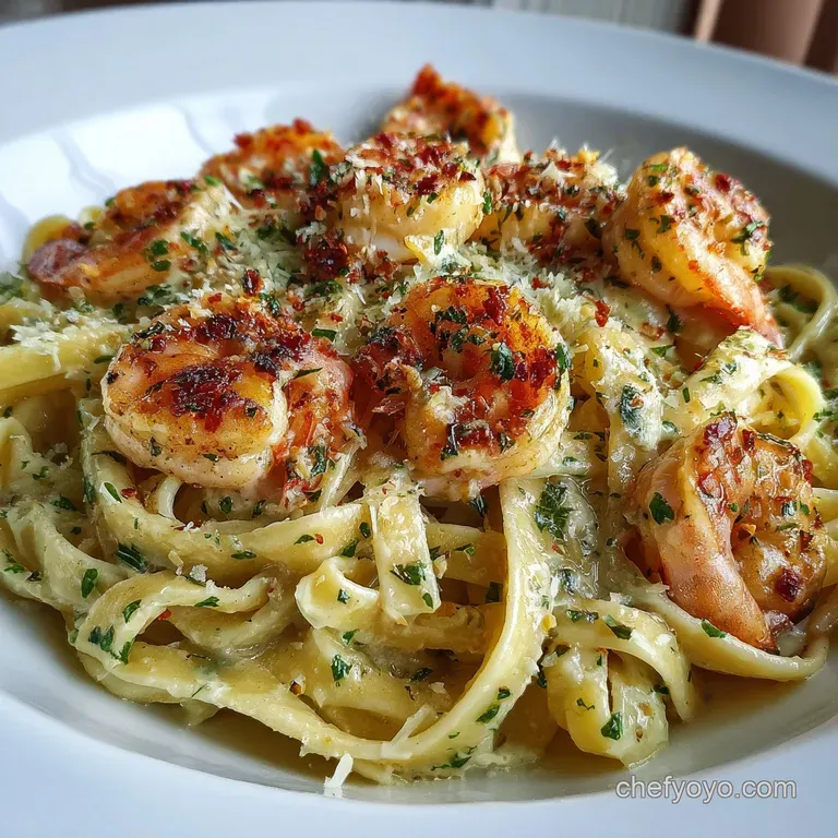 Perfectly twirled fettuccine pasta with succulent shrimp, glistening alfredo sauce, and vibrant green parsley on a white p...