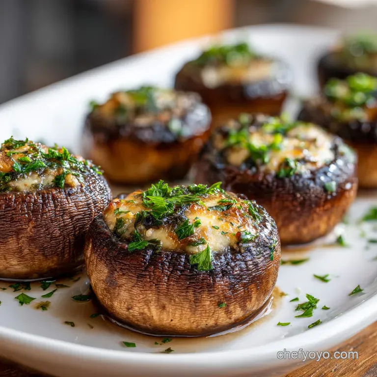 Two plump stuffed mushrooms glistening on a white plate, garnished with fresh parsley sprigs, hinting at their earthy aroma.
