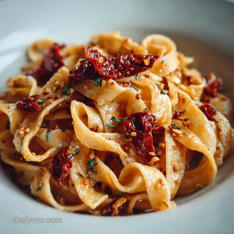 Plated pasta twirled in a bowl with vibrant sun-dried tomatoes, glistening with a creamy sauce and fresh basil garnish.