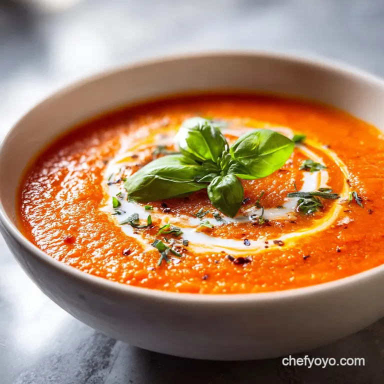 Vibrant red velvety soup in a white porcelain bowl topped with a basil leaf and served with a crusty baguette.