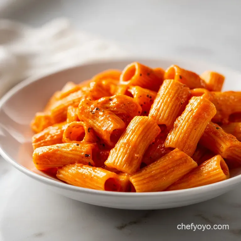 Silky red pasta twirled in a white ceramic bowl, garnished with a fresh basil leaf and a dusting of parmesan.