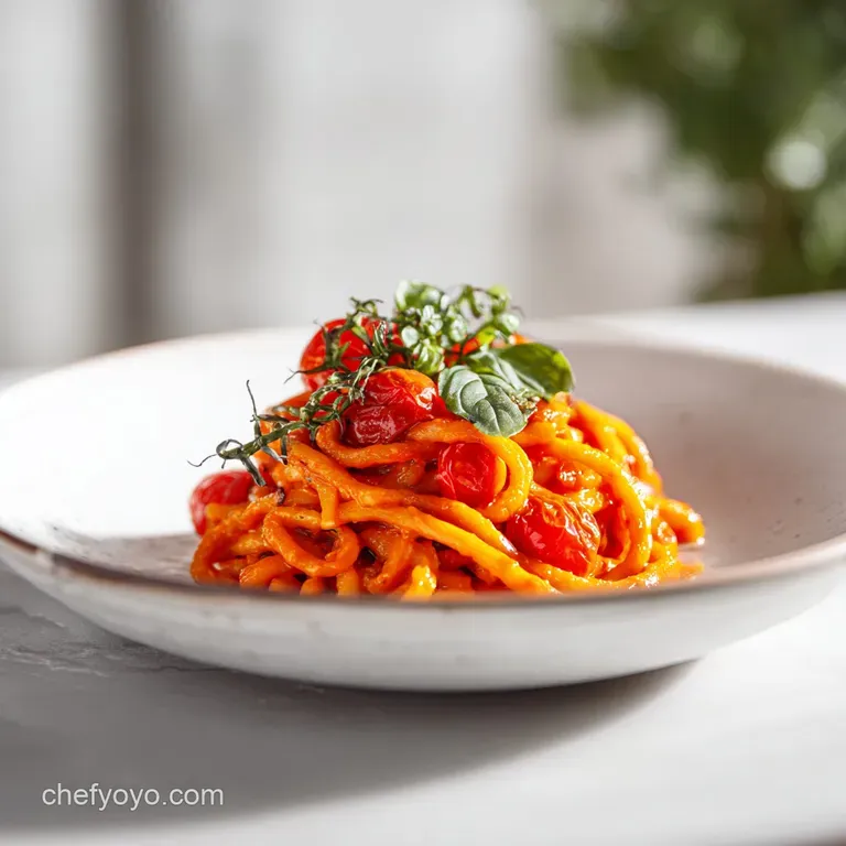 A single serving of glistening pasta twirled in a bowl, with a sprinkle of fresh basil & a drizzle of cream.