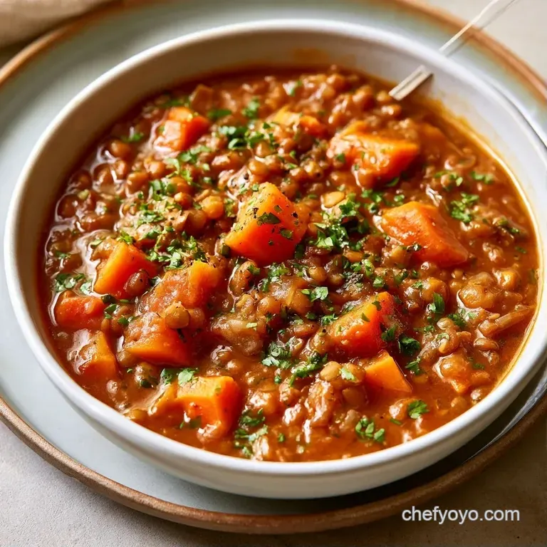 Thick brown lentil stew in a white bowl, garnished with sliced scallions and a lemon wedge on a dark wooden table.