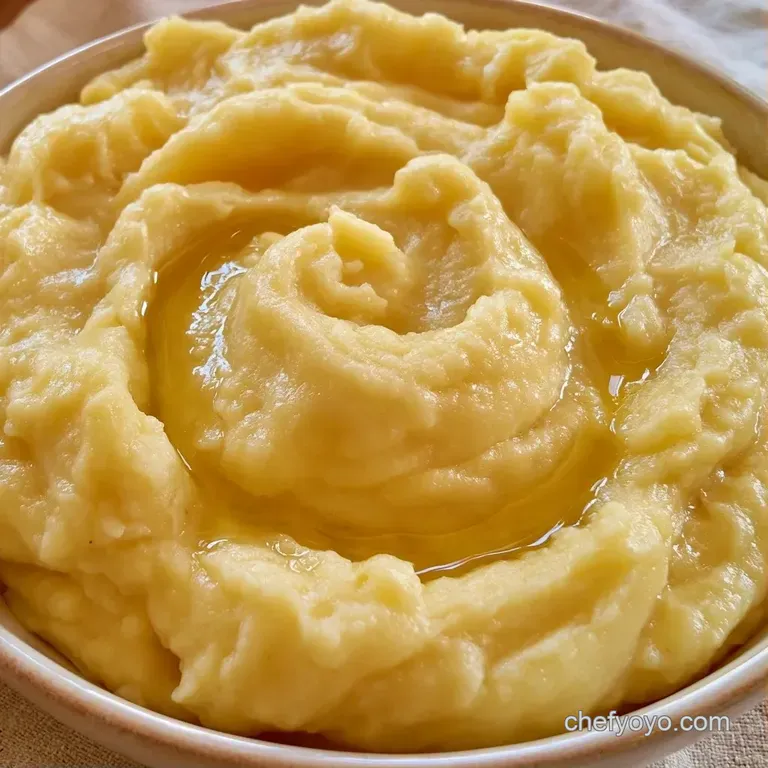 A smooth swirl of pale yellow potato puree on a slate plate, topped with a pat of melting butter and minced herbs.