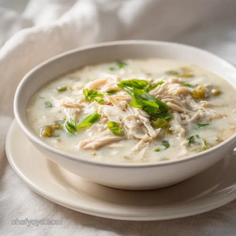 Elegant white bowl of creamy stew with swirls of sour cream, fresh green onions, and a side of tortilla chips.