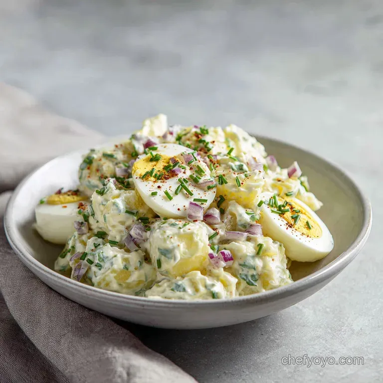 A generous scoop of creamy potato salad, topped with sliced hard-boiled eggs and a sprinkle of fresh chives.