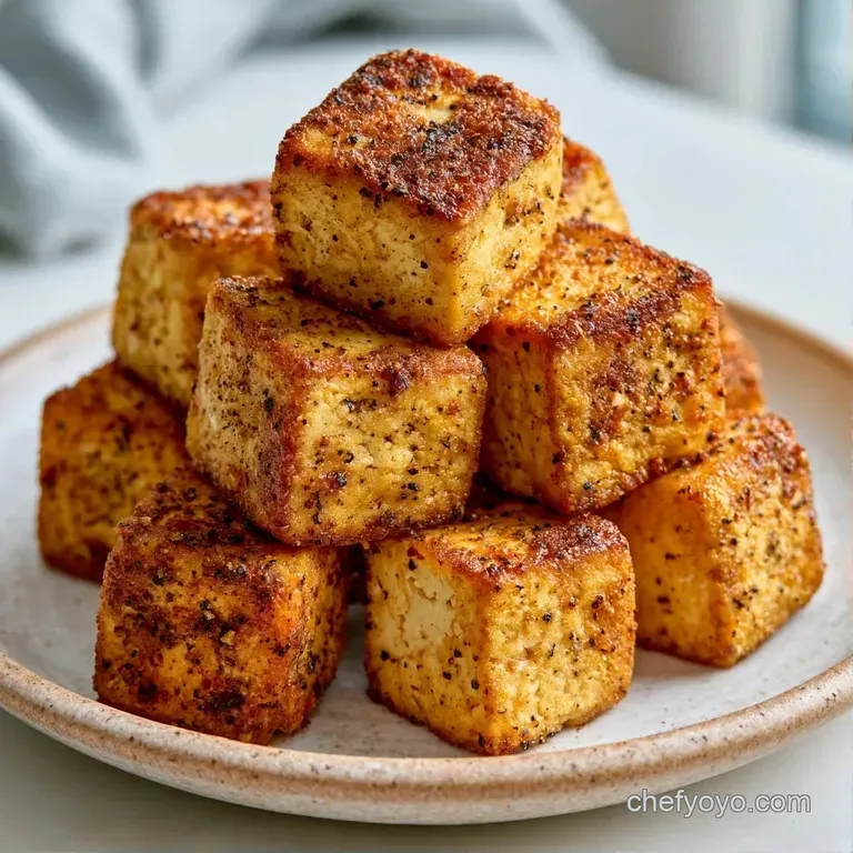 Neatly stacked crispy gold cubes beside a small bowl of glossy dipping sauce and fresh sprigs of parsley.