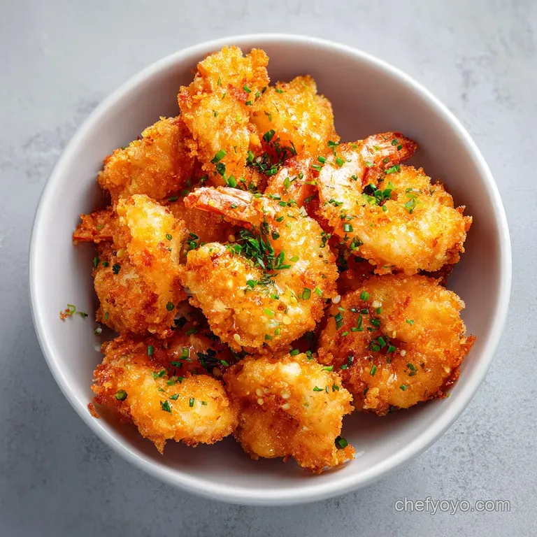 A white ceramic bowl piled high with glistening, spicy shrimp, sprinkled with green herbs.