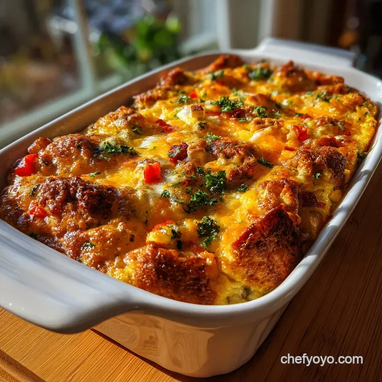 A generous slice of breakfast casserole, showcasing layers of hash browns, sausage, and egg, artfully plated with fresh he...