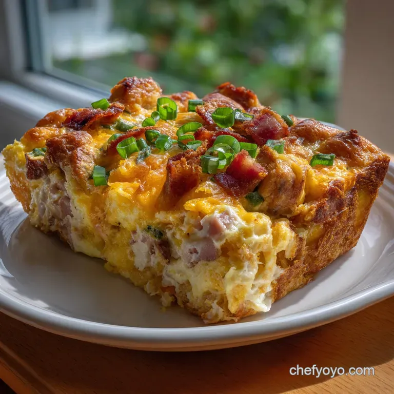 Golden-brown breakfast casserole with a crispy hash brown base, speckled with savory sausage and melted cheese, photograph...