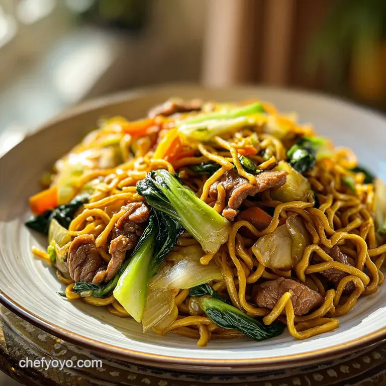Perfectly plated chow mein with a nest of golden noodles, scattered vegetables, and a drizzle of rich, dark sauce on white...