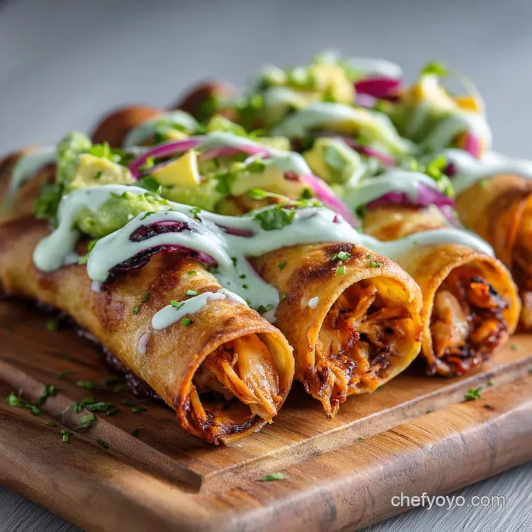 Crispy Chicken Tinga Taquitos Flautas with Zesty AvocadoLime Crema