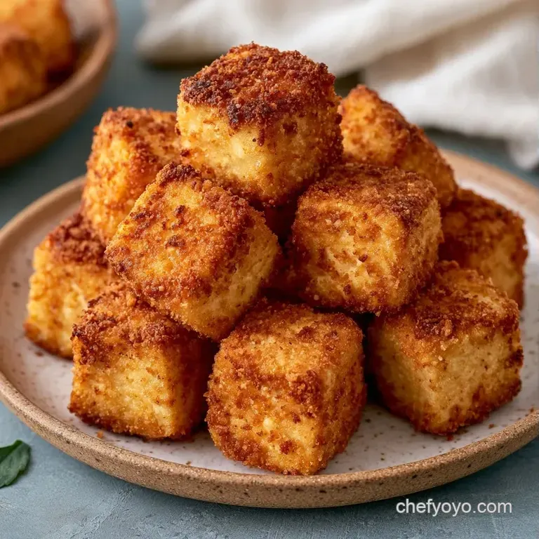 Cubes of golden fried tofu arranged on a ceramic plate with a side of vibrant steamed broccoli and a soy dipping sauce.