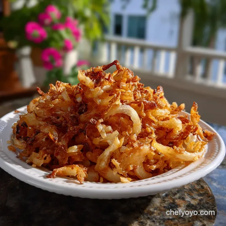 Artfully arranged shatter-crisp onion rings cascading from a small bowl, creating textural contrast, inviting an immediate...