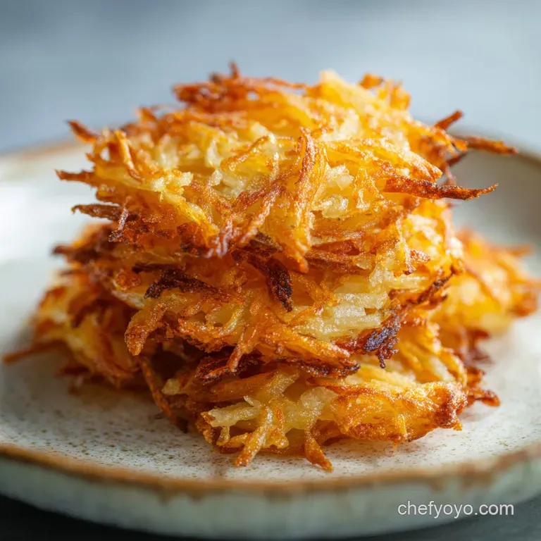 Perfectly golden hash browns artfully arranged, steam rising, hinting at a satisfying crunch and fluffy interior.