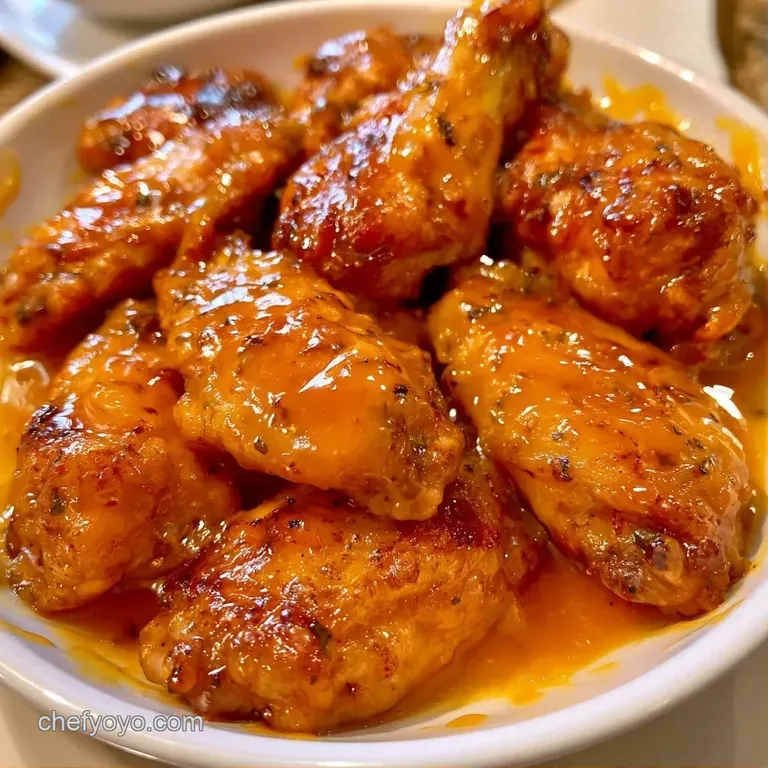 Golden-orange glazed chicken wings arranged neatly on a white platter with sliced jalapeños and fresh cilantro.
