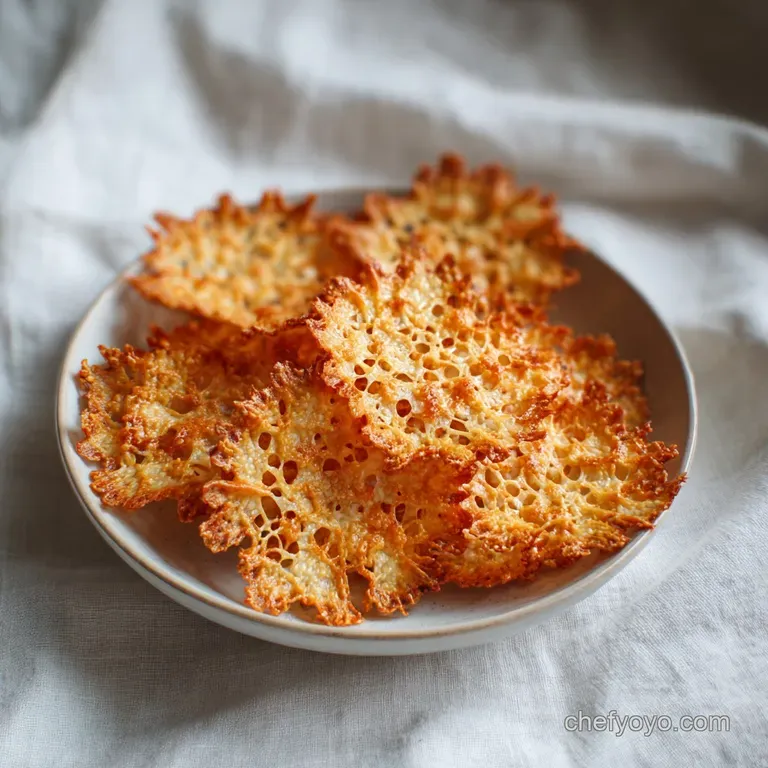 A neat stack of golden, fragile lace cookies artfully arranged on a white ceramic plate with a few crumbs.