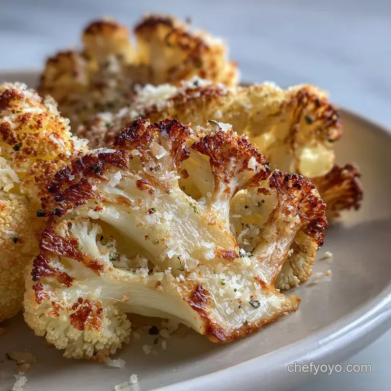 Crisp parmesan cauliflower served on a white plate, garnished with fresh parsley. Steam rises, suggesting it's fresh from ...