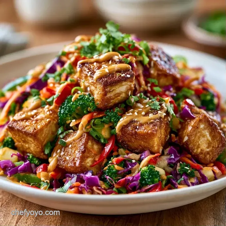 Brightly colored vegetables and seared tofu neatly arranged in a bowl and drizzled with creamy peanut sauce.