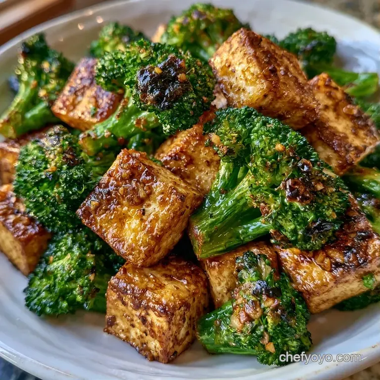 Neatly stacked golden tofu cubes on a matte black plate, drizzled with glaze and sprinkled with sesame seeds.