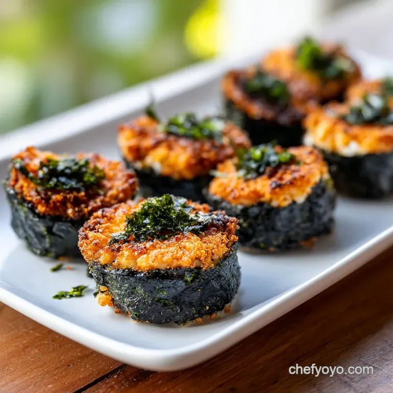 Neatly arranged sushi cups on a modern white plate, each showcasing a different vibrant filling against the dark nori shel...