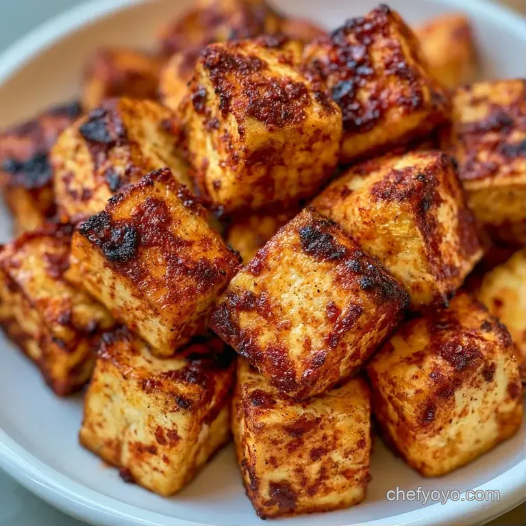 Neat rows of golden cubes on a white ceramic plate, drizzled with a glossy brown glaze and fresh herb sprigs.