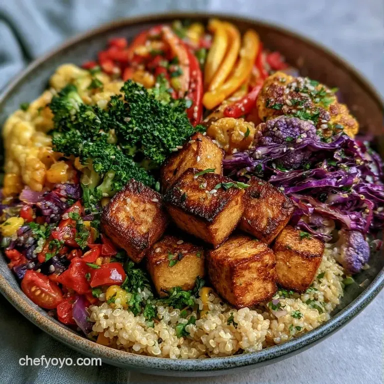 Ceramic bowl filled with organized piles of bright carrots, edamame, and golden tofu with a creamy drizzle.