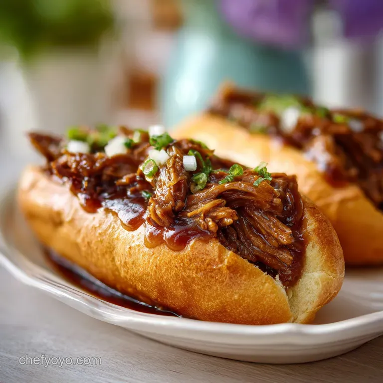 Two toasted baguette sandwiches topped with gooey melted cheese on a white platter with a side of steaming savory broth.