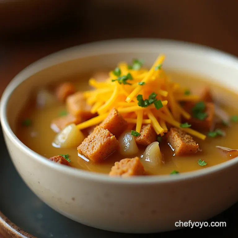 Effortless Slowcooker French Onion Soup with Melty Gruy&egrave;re Croutons presentation