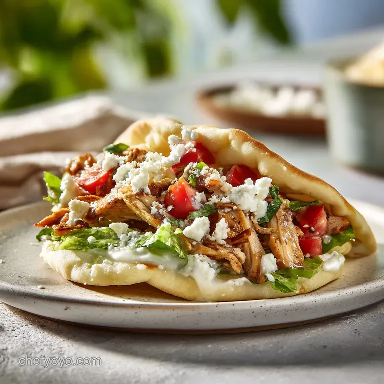 A flavorful Greek chicken pita overflowing with juicy meat and cool tzatziki, garnished with dill and lemon on a white plate.