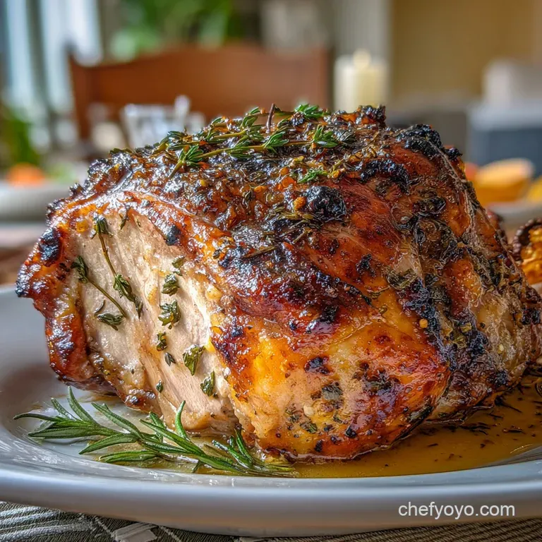Slices of juicy turkey breast arranged artfully on a white plate, garnished with fresh herbs and a drizzle of rich gravy. ...