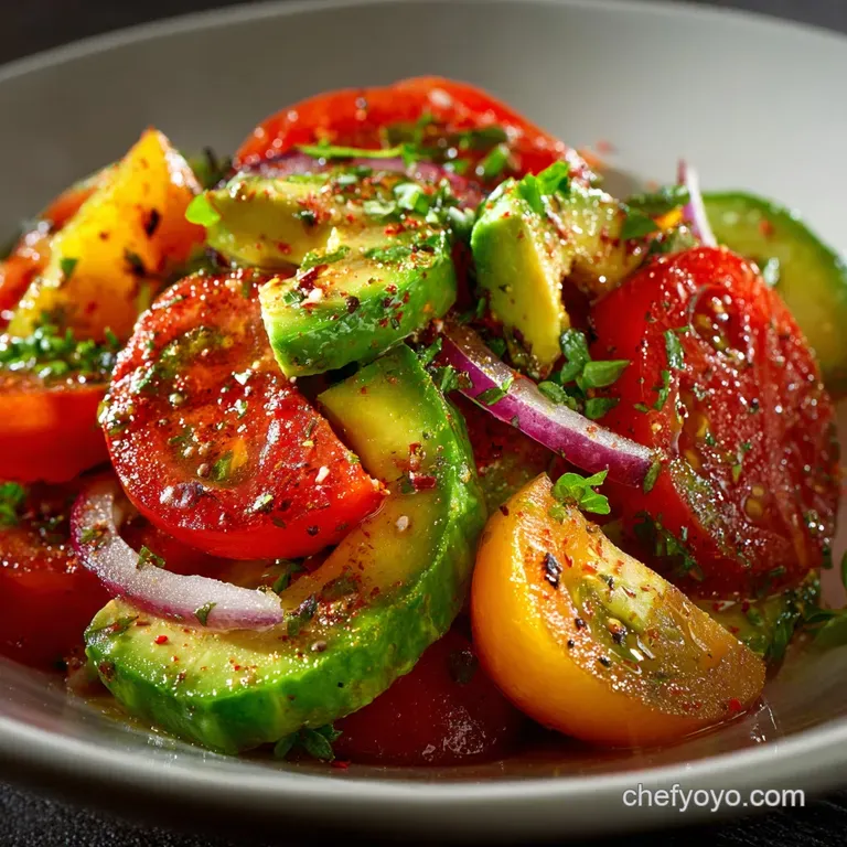 Cucumber Tomato and Avocado Salad with Zesty Lemon-Herb Vinaigrette presentation