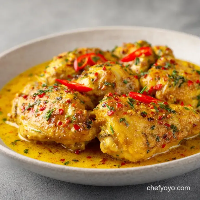 Tender chicken in creamy yellow curry sauce served over fluffy white rice, garnished with bright green cilantro.