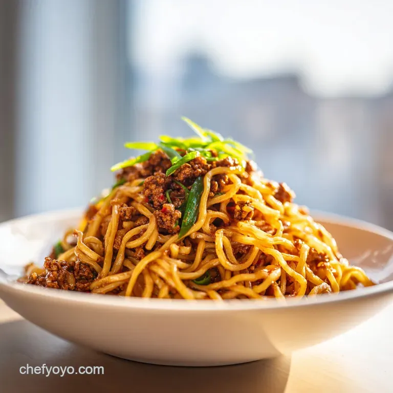 Artfully arranged Dan Dan noodles in a ceramic bowl, garnished with vibrant scallions and a drizzle of chili oil.