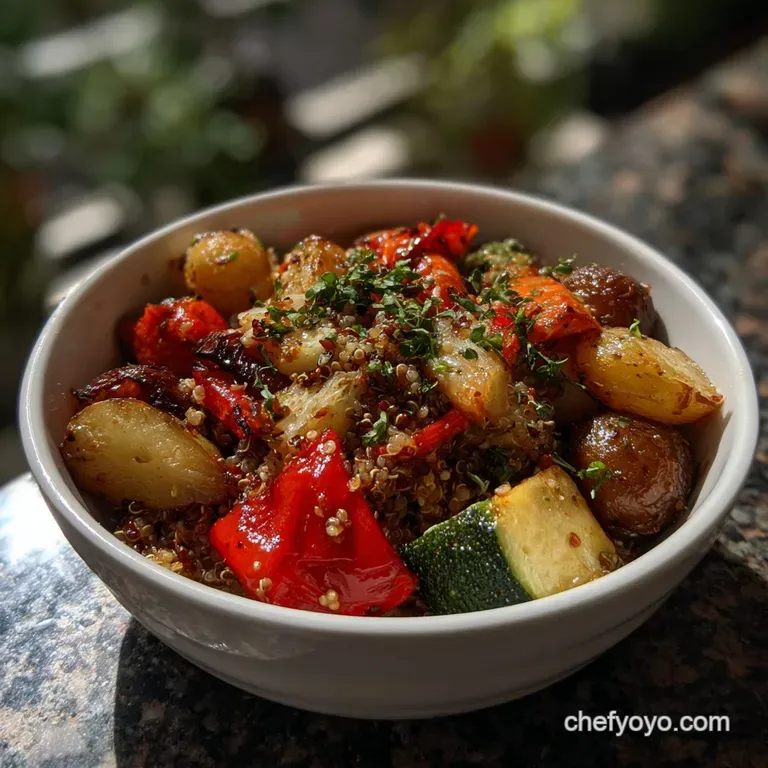 Elegant bowl filled with vibrant roasted vegetables and light quinoa; herbs sprinkled on top. Warm and inviting.