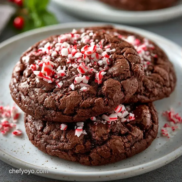 Stack of dark cocoa cookies on a white ceramic plate, garnished with mint leaves and a dusting of powdered sugar.