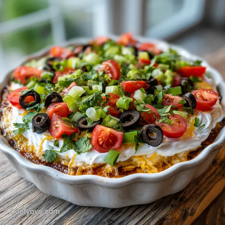 Individual glass dishes layered with a creamy 7-layer dip, garnished with fresh cilantro, perfect for a party. Colorful an...