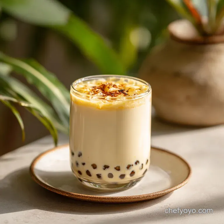 Iced boba milk tea in a tall glass, brown sugar syrup swirling at the bottom, topped with a generous layer of creamy foam.