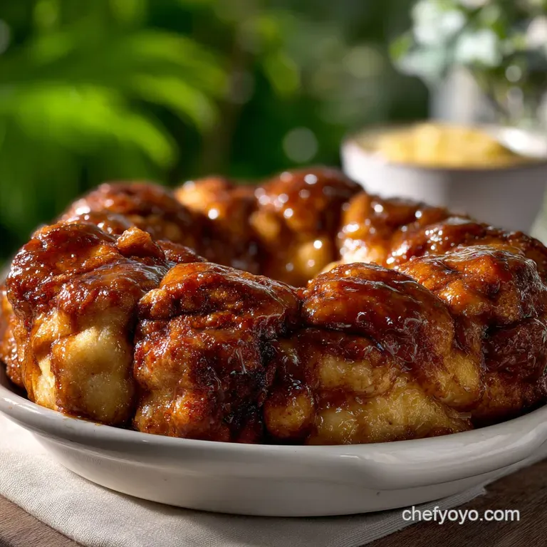 Golden-brown monkey bread, glistening with caramel, pulled apart to reveal soft, fluffy interior. Presented on a rustic wo...