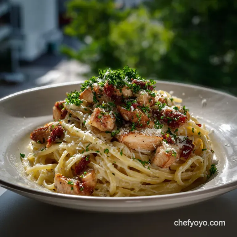 Elegant plate of chicken carbonara with golden chicken, silky pasta and a dusting of parmesan cheese, artistically arrange...