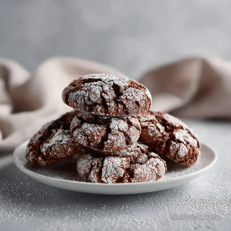 A neat stack of dark chocolate crinkle cookies, their powdered sugar tops contrasting with their rich cocoa centers.