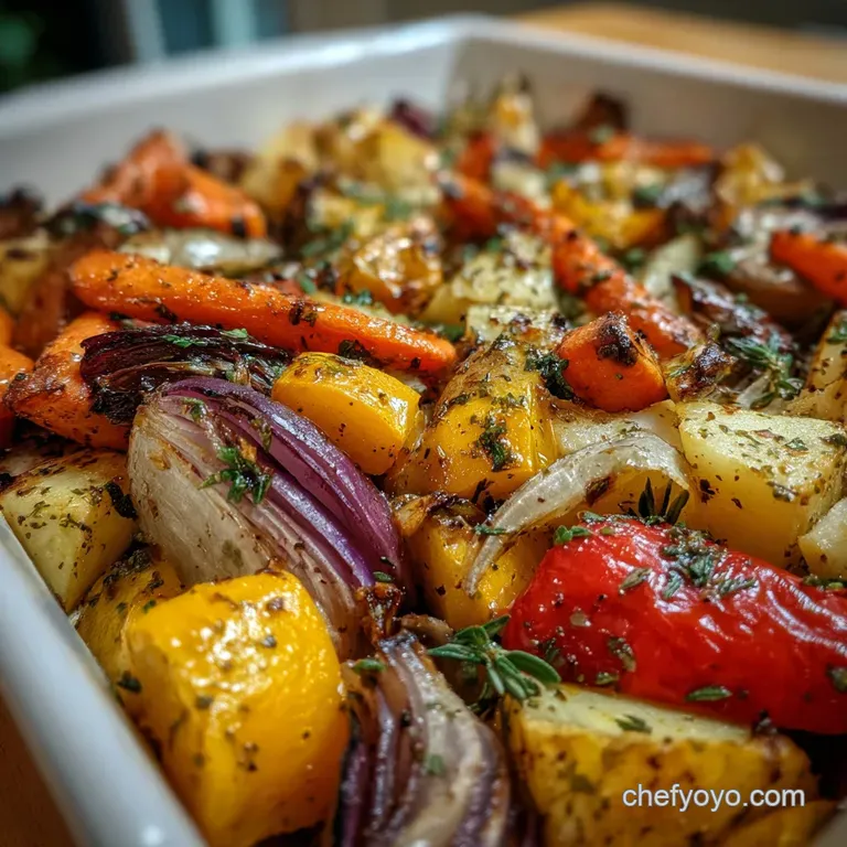 Perfectly roasted medley of colorful vegetables artfully arranged on a white plate, steam rising, hinting at savory carame...