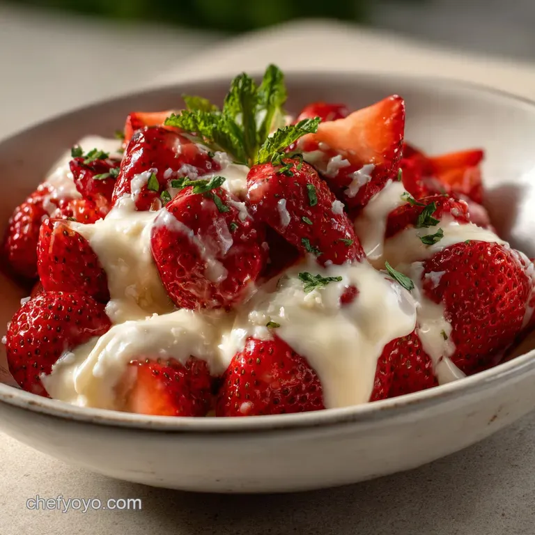 Elegant glass goblets filled with layered strawberries and cream, garnished with a single, perfect strawberry. A dessert o...