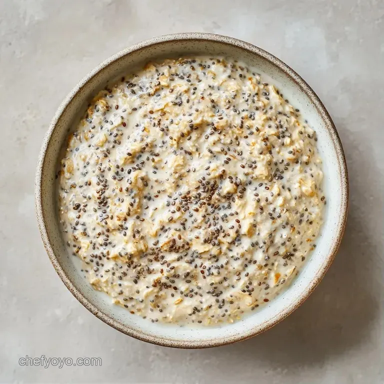 A rustic white bowl of warm porridge topped with fresh raspberries, chia seeds, and a sprig of mint on a linen napkin.