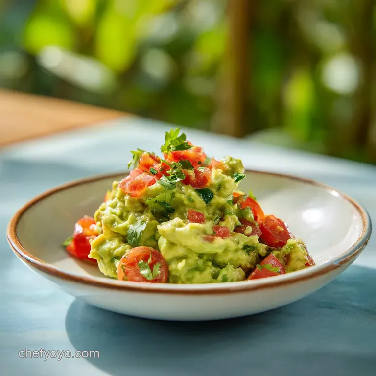 A smooth, bright green scoop of guacamole artfully placed on a white plate, with a single tortilla chip dipping in.