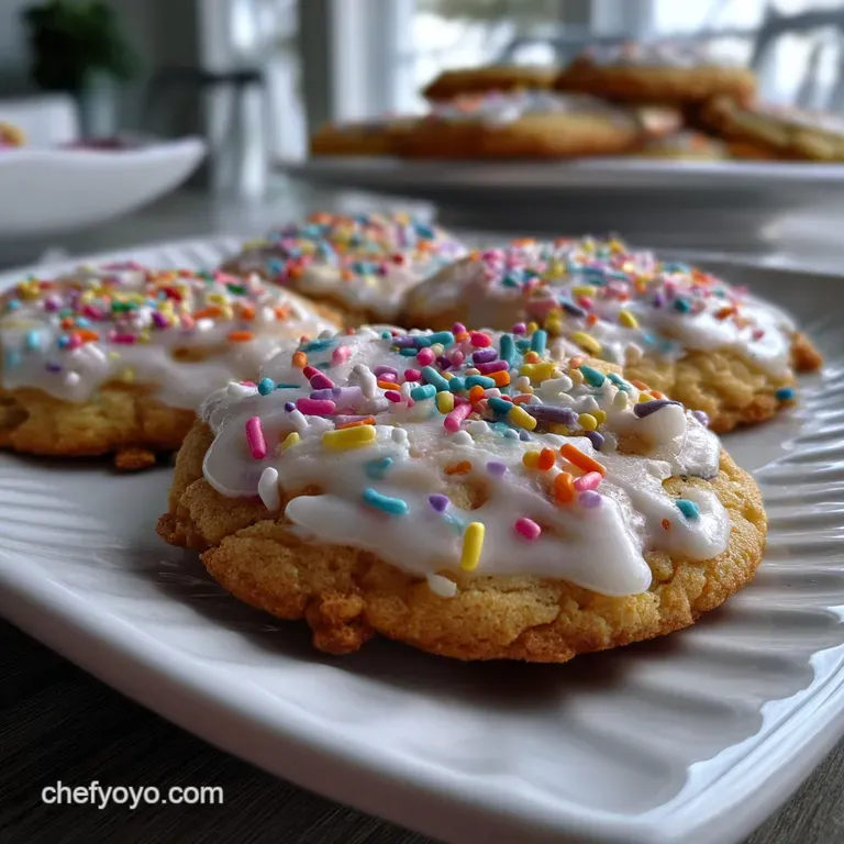 Elegant sugar cookies artfully arranged on a tiered serving platter. The smooth, hardened icing gleams with delicate, mute...